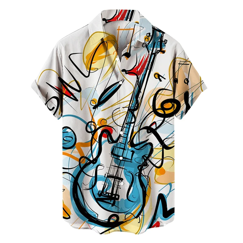 Camisas havaianas masculinas de manga curta com decote em v, tops de guitarra musical, rock e hip hop, roupas masculinas