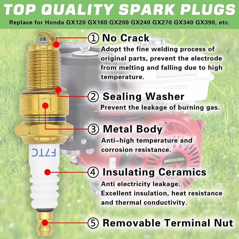 2pcs F7TC Spark Plugs for Honda GX Series, Removable Terminal Nut, Fits Most 4-Stroke Small Engine, NGK BP7ES, Champion N7YC