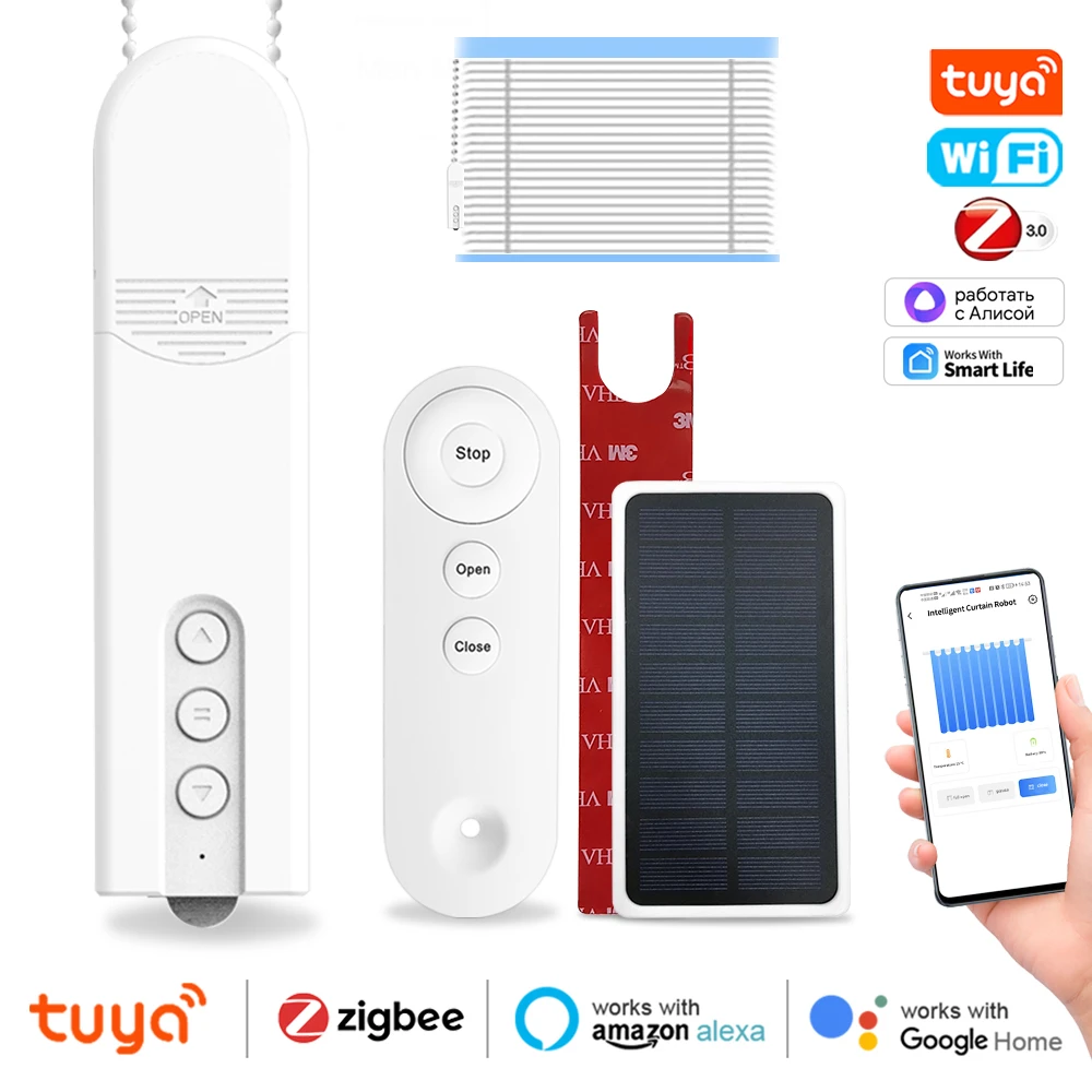 Tuya WIFI/ZigBee Smart Electric Curtain Motor Chain Roller Blinds Pull Bead Curtain Switch System For Solar Panel Voice Control