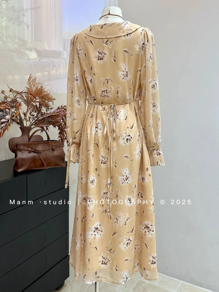 DFDG Women's Spring Summer Yellow Floral Dress Ruffle Detail Long Sleeve Midi Casual Wear 2026 Trendy Feminine Outfit Dress