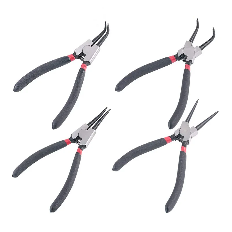 4pcs Circlip Plier Set 7'' Long Nose Staight Bent Plier Inner Outer Black Needle-Nose Plier Retaining Snap Ring Remover Tool