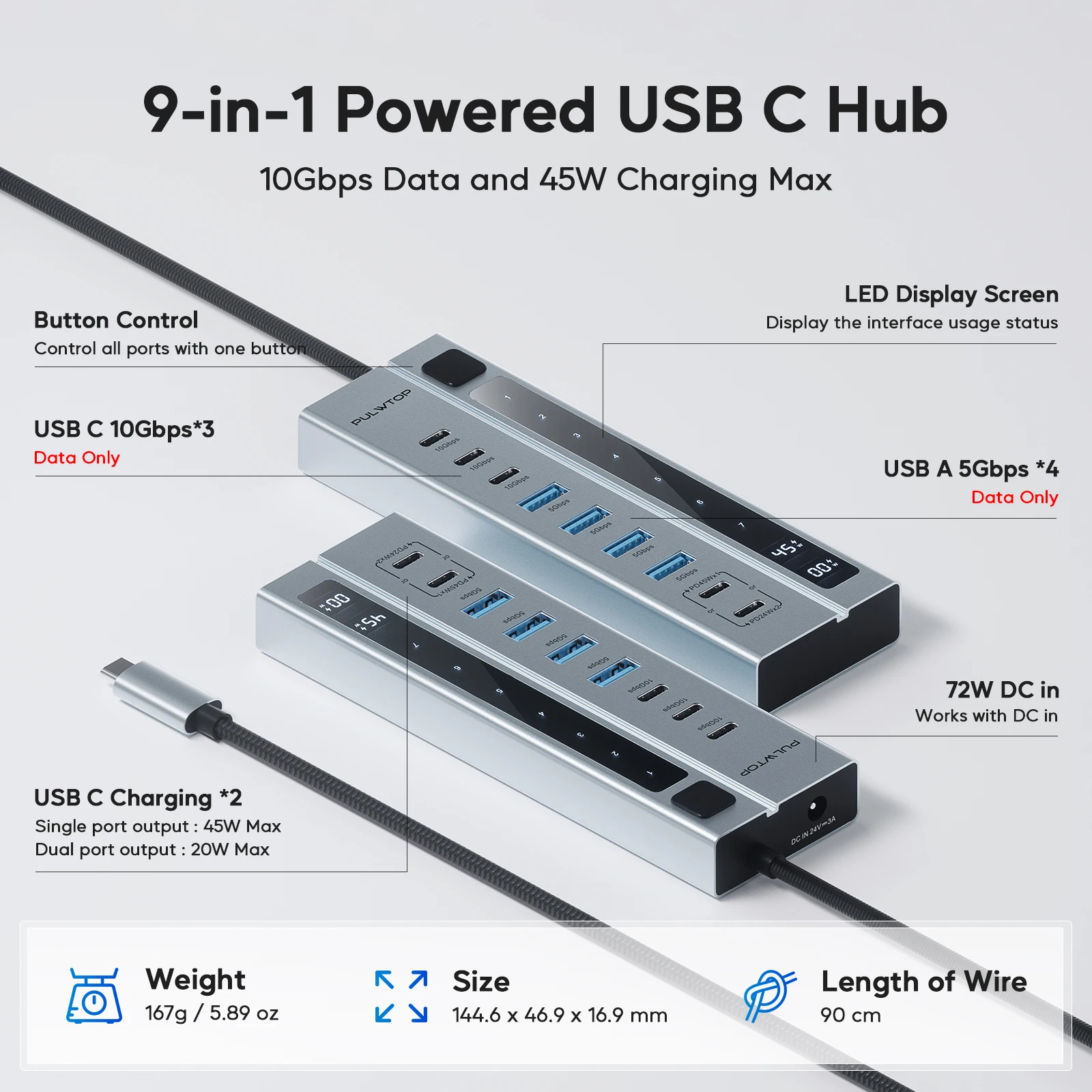 PULWTOP 9-in-1 Powered USB C Hub suppprt 10Gbps & PD 45W Max Charging with 3*USB-C, 4*USB-A for MacBook  Laptop and more