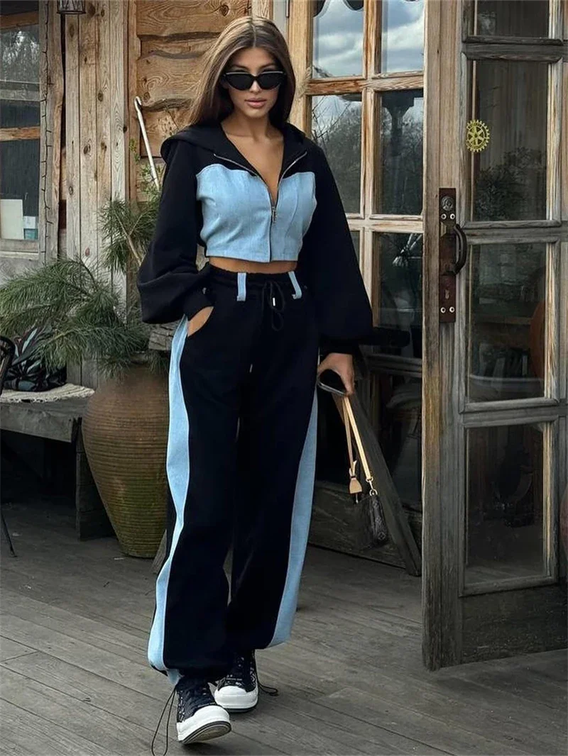 Streetwear 2 Stück Sets Frauen Outfit Herbst Kleidung Frauen Denim Patchwork Kapuzen oberteil und Hose Sets lässig Sweat suit Frau Set