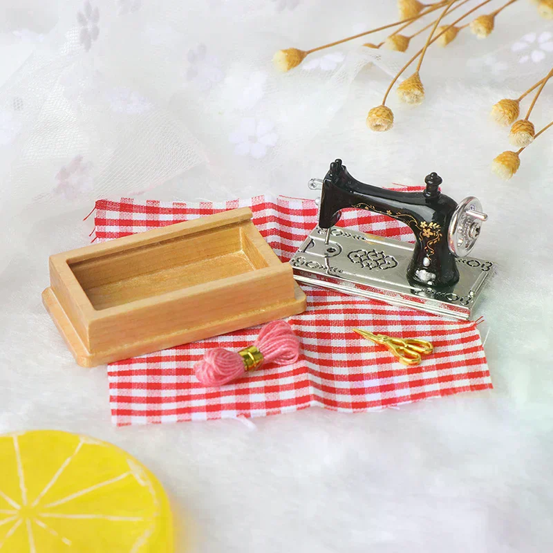 1/12 Dollhouse Miniature Sewing Machine with Scissors Thread Cloth For Kids Children Toy Safe For Children Non Toxic