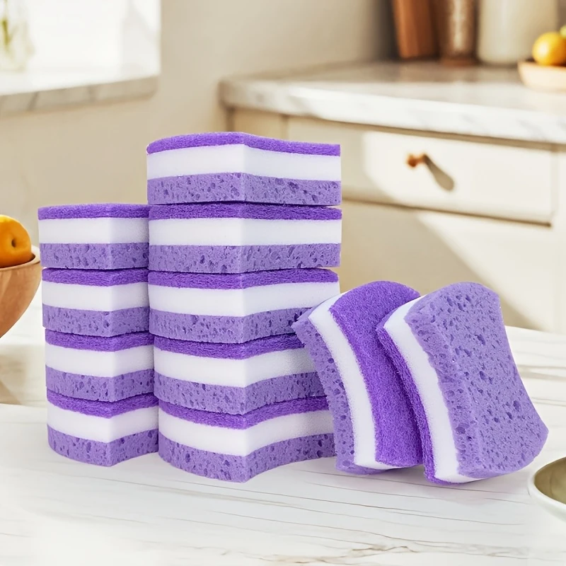 6/12pcs Purple White Three-Layer Scouring Pads Sponge Scrubbers Dishwashing Blocks Non-Scratch Cookware Cleaning Tools for Dishe