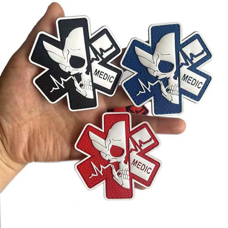 Badges médicaux 3D en PVC, patchs appliqués de crâne paramédical avec crochet, autocollants militaires tactiques, emblème de sauvetage pour casque, sac à dos