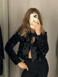 Fashion Sequin Bow Lace Up Women Jacket Chic Shiny O-neck Long Sleeve Y2k Cropped Coat 2023 Female Solid Party Outerwear