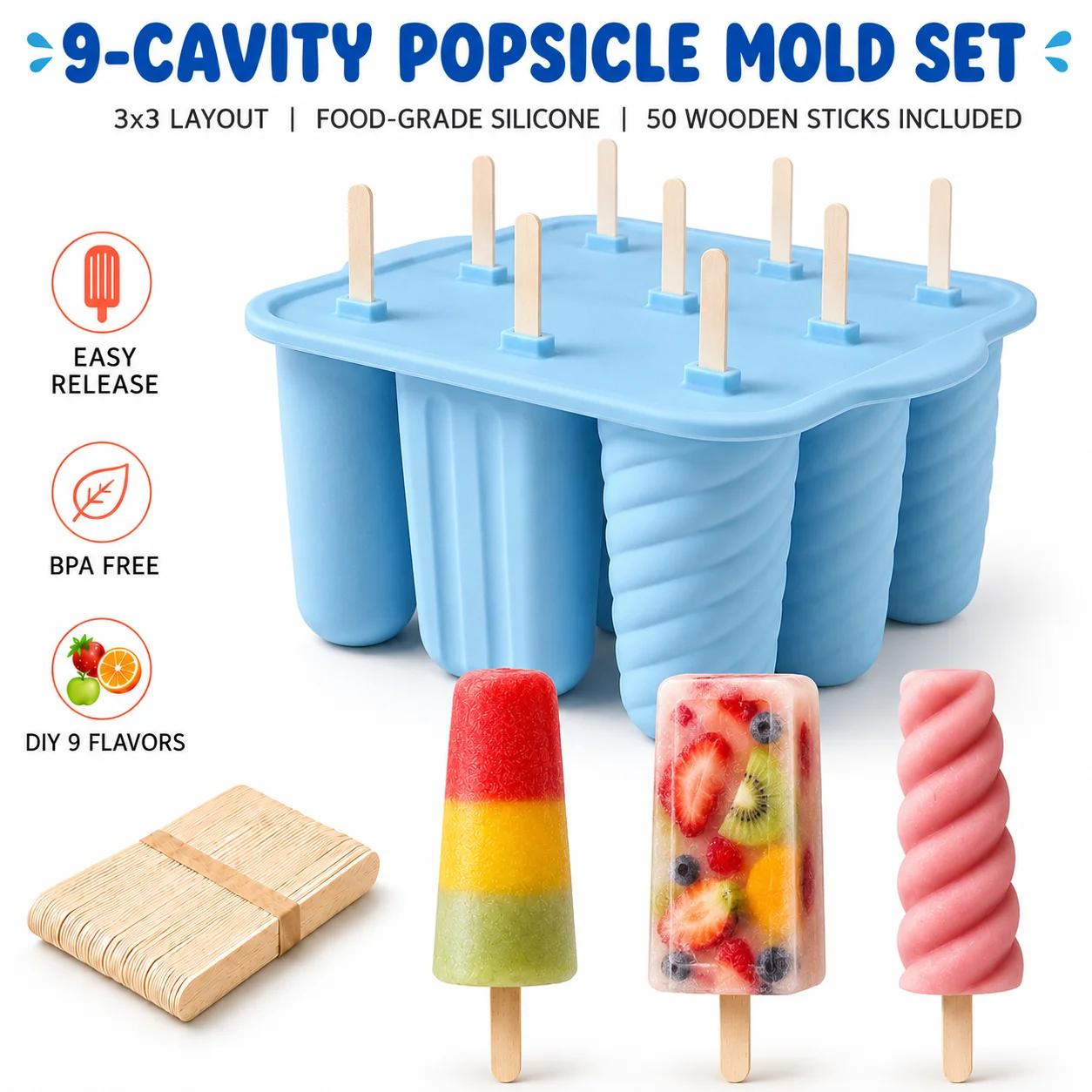 9 Cavity Silicone Popsicle Molds Maker With 50 Wooden Sticks Multi Shape Ice Pop Mold For Summer DIY Frozen Treats