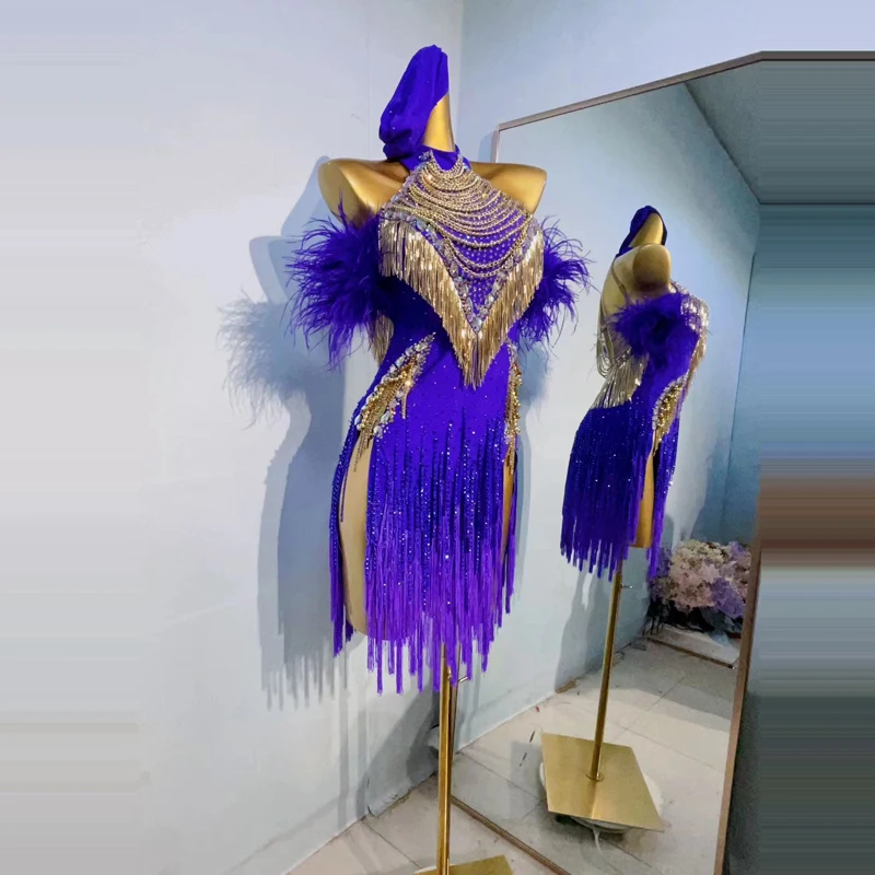 

New Latin Dance Performance Dress Women's Customized Luxury Diamond Feather Tassel Dress Tango Chacha Samba Competition Dress