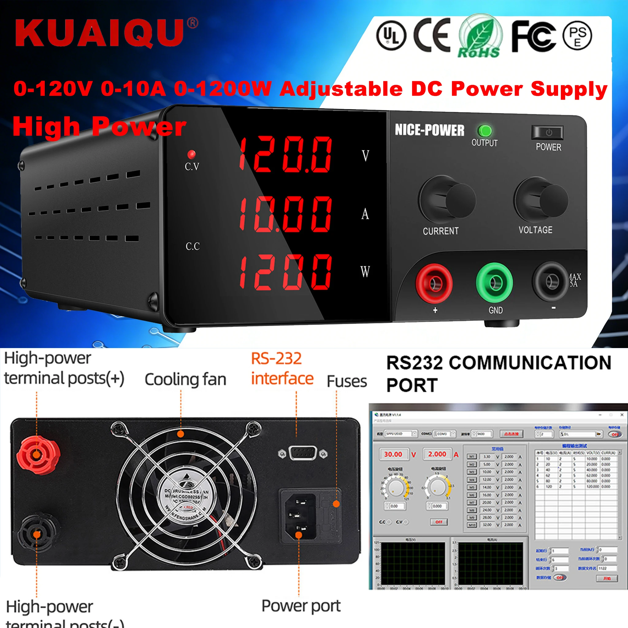 NICE-POWER 120V 10A Zasilacz laboratoryjny, sterowanie oprogramowaniem PC przez RS-232/USB, zasilacz impulsowy DC 24V 48V 72V do ładowania akumulatorów i testowania taśm LED, moc wyjściowa 0-1200W