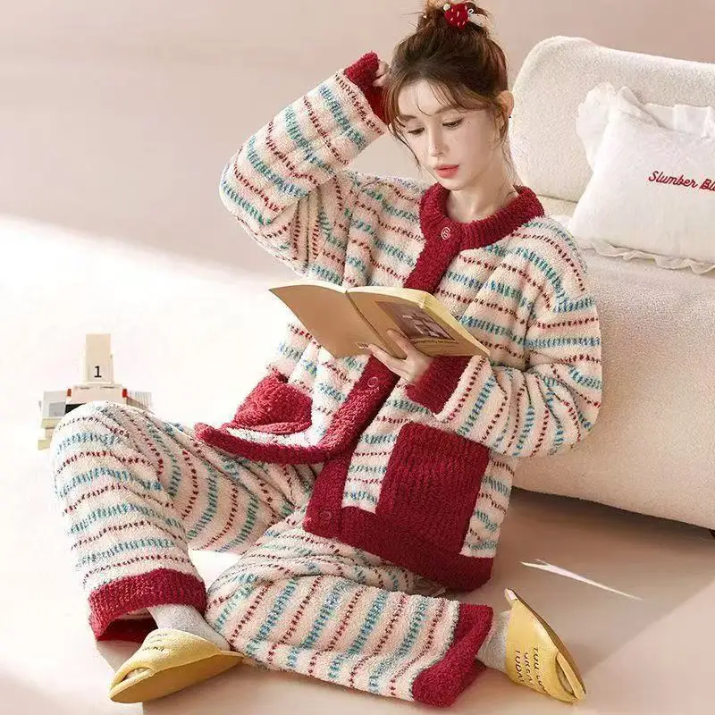 Coral Fleece 2 Pcs Pajamas Set Women Stripes Homewear Sleepwear Shirt&pants Pijamas Suit Autumn Winter Warm Thicken Home Clothes