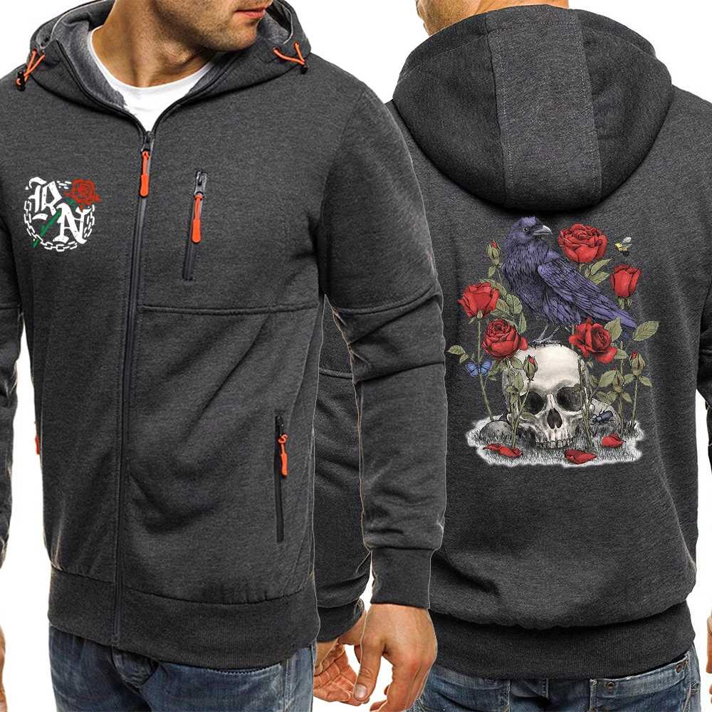 Art Nouveau Skull Rose Crow Butterfly Sweatshirt Men Funny Casual Wear Pocket Hoodies Winter Fleece Zip Up Clothes Zipper Hoody