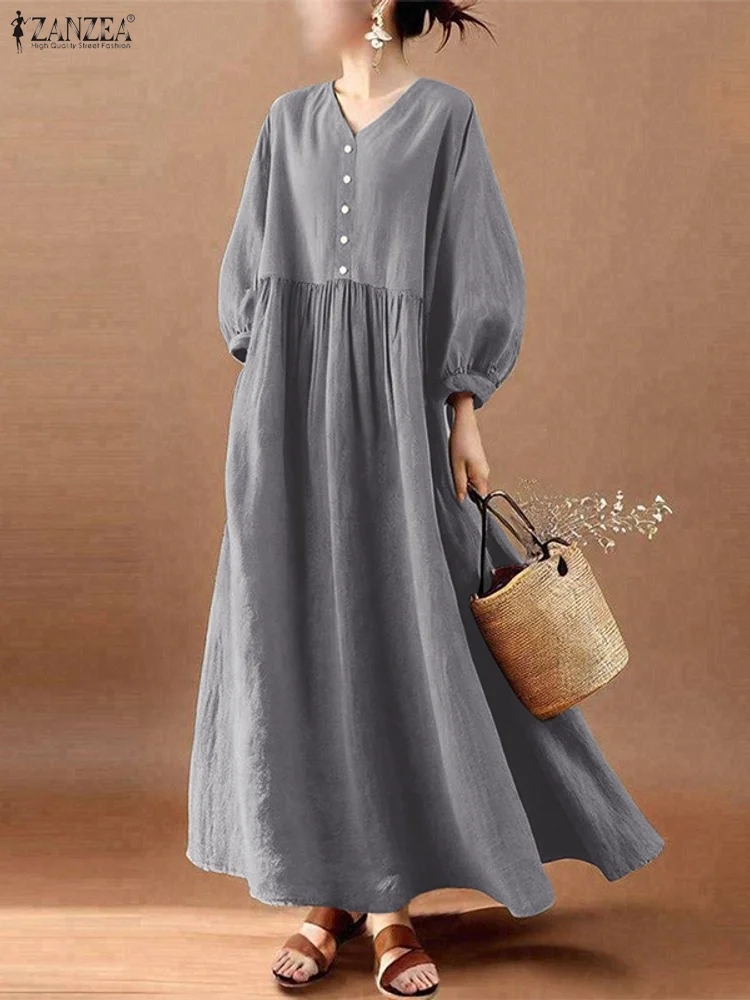 2025ZANZEA Stijlvolle Herfst V-hals Lange Lantaarn Mouw Jurk Vrouwen Maxi Jurken Elegante Effen Lange Gewaad Casual Losse Zonnejurk