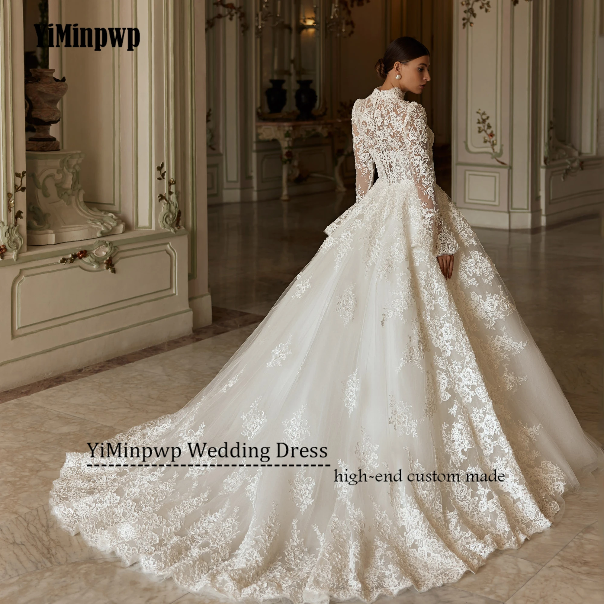 A-line Lace Wedding Dresses 2025 Luxury High Neck Long Sleeve Bridal Gown Applique Swep Train Tulle vestido de novia Customized