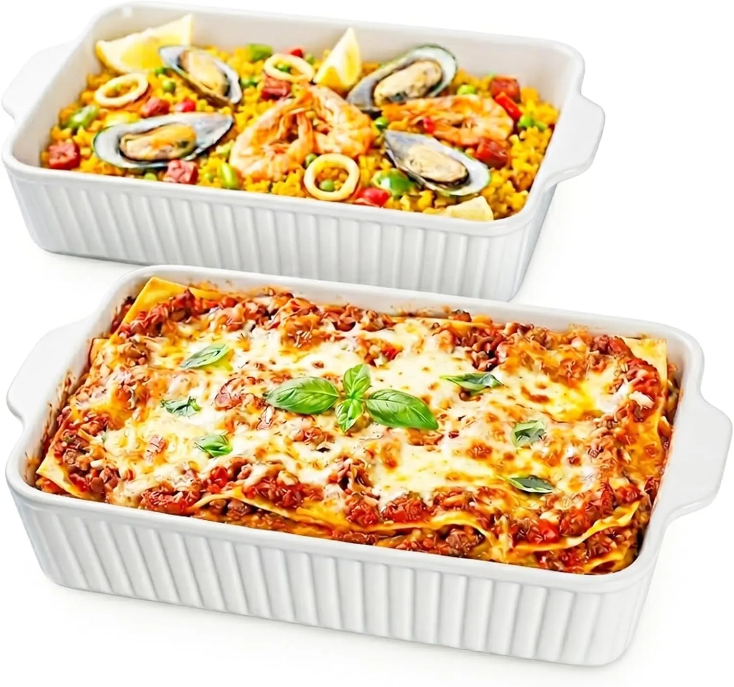 

9x13 Casserole Dish Set of 2 - Deep 4.2 Qt Porcelain Baking Dishes, Ceramic Bakeware for Lasagna, Roasts, Cake, Oven Microwave Safe
