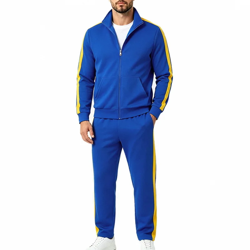 Men Side Stripe Full Zip Stand Collar Tracksuit Elastic Waist Jogger Pants Soft Daily Sports Casual Matching Two Piece Outfit