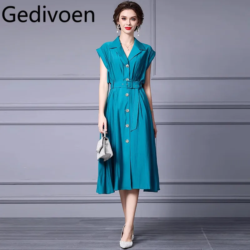 

Gedivoen Summer Fashion Runway Designer Dresses Women's Elegant Vintage Solid Color Sashes Single Breasted Medium Length Dresses