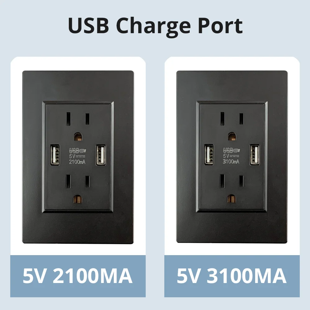 US Socket With 2 Usb Socket Port Charger 5V 2100mA 3100MA Black Wallpad Luxury Wall Double USB Electric Power Outlet PC Panel