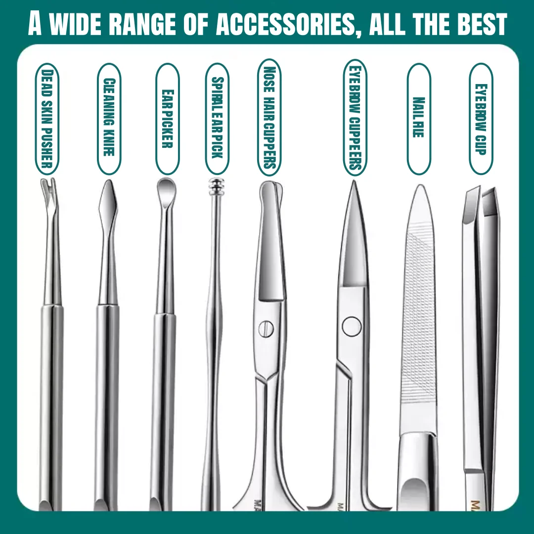 CMGF 12 ชิ้นชุดดูแลส่วนบุคคลพร้อมกระเป๋าหนัง, กรรไกรตัดเล็บ, กรรไกรตัดเล็บเฉียง, ก้ามหนังกําพร้า, Pusher ผิวที่ตายแล้ว