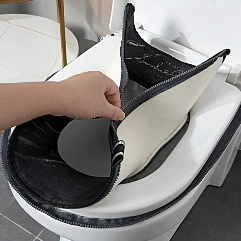 Waterproof Marble Grain Toilet Seat with Handle Reusable Winter Toilet Seat Cover Warm Thicker Toilet Cushion Cover Winter