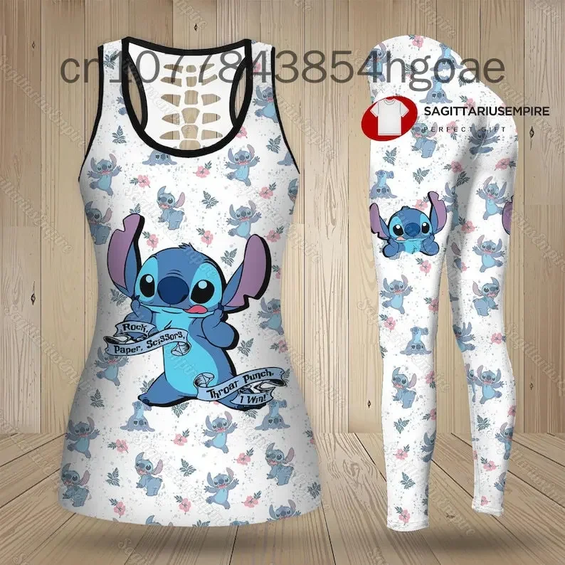 2024 Disney Stitch Women\'s Book Hollow Tank Top+Women\'s Leggings Yoga Wear Fitness Leggings Sports Suit Tank Top Leggings