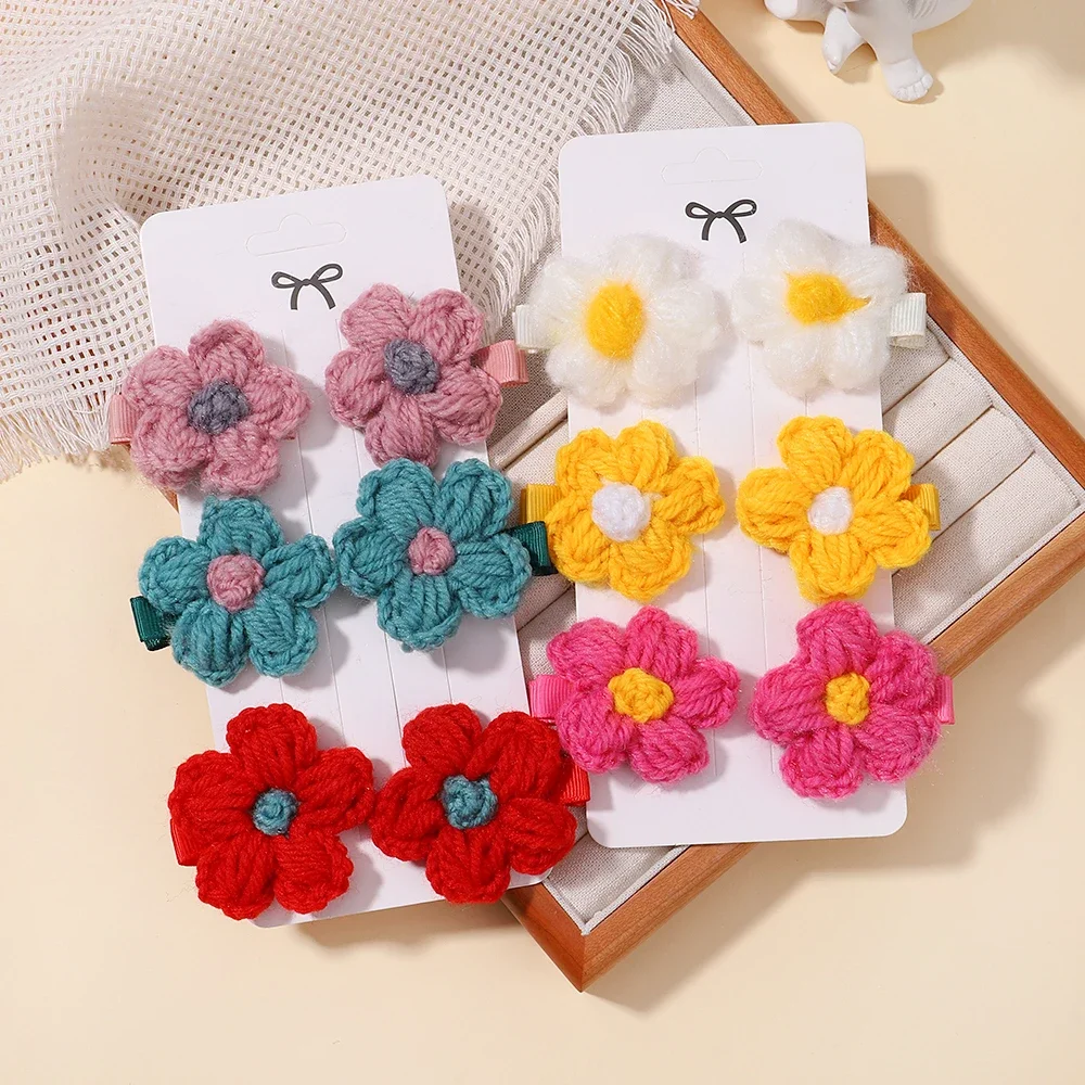 6pcs/set Baby Girls Wool Knitting Headwear Handmade Crochet Small Puff Flower Safe Hairs Clips Children Hairpins Hair Accessory