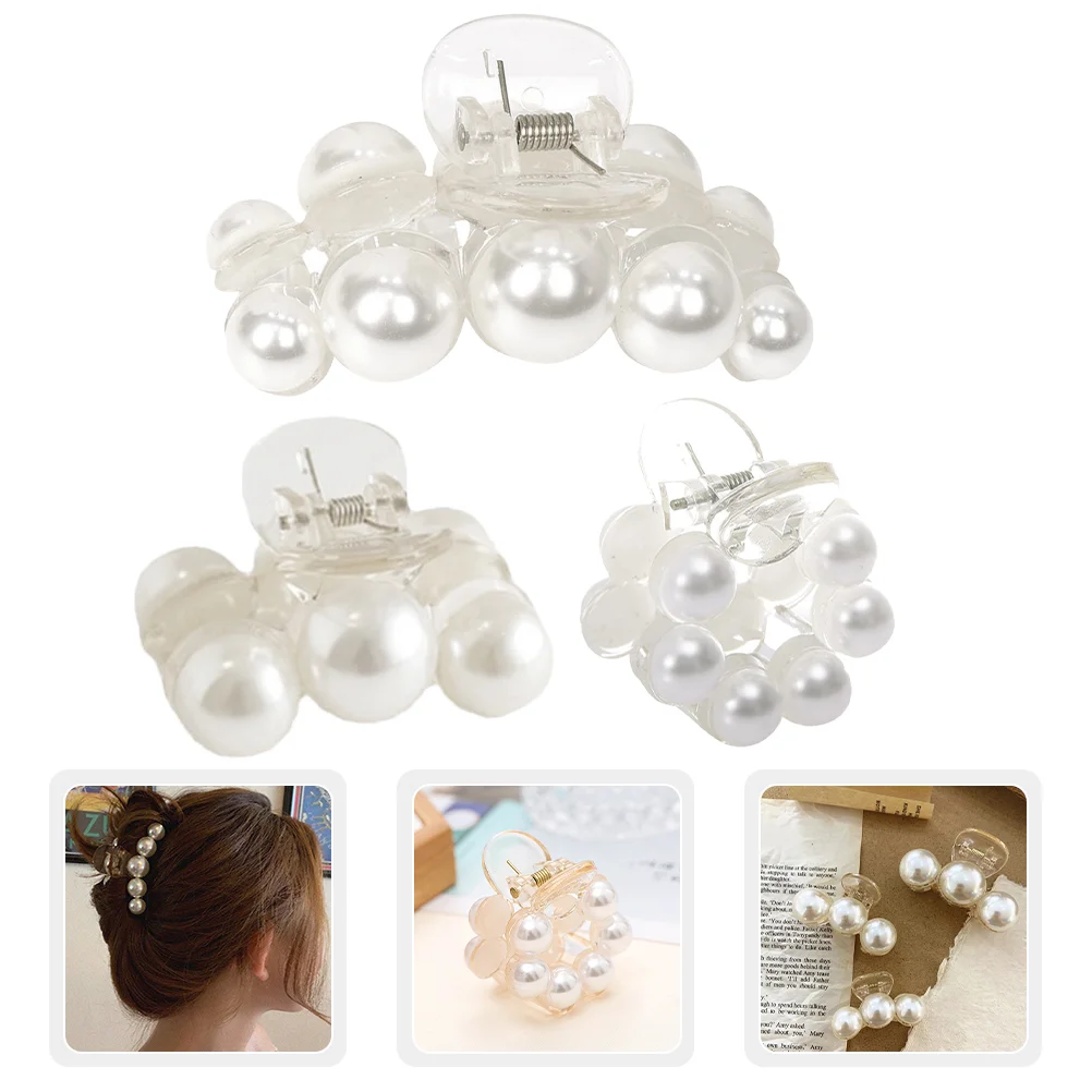 

3 Pcs Headgear Clear Pearl Clip Women's Hair Accessories for Girls Plastic Material Snap Barrettes Pearls Claw Clips