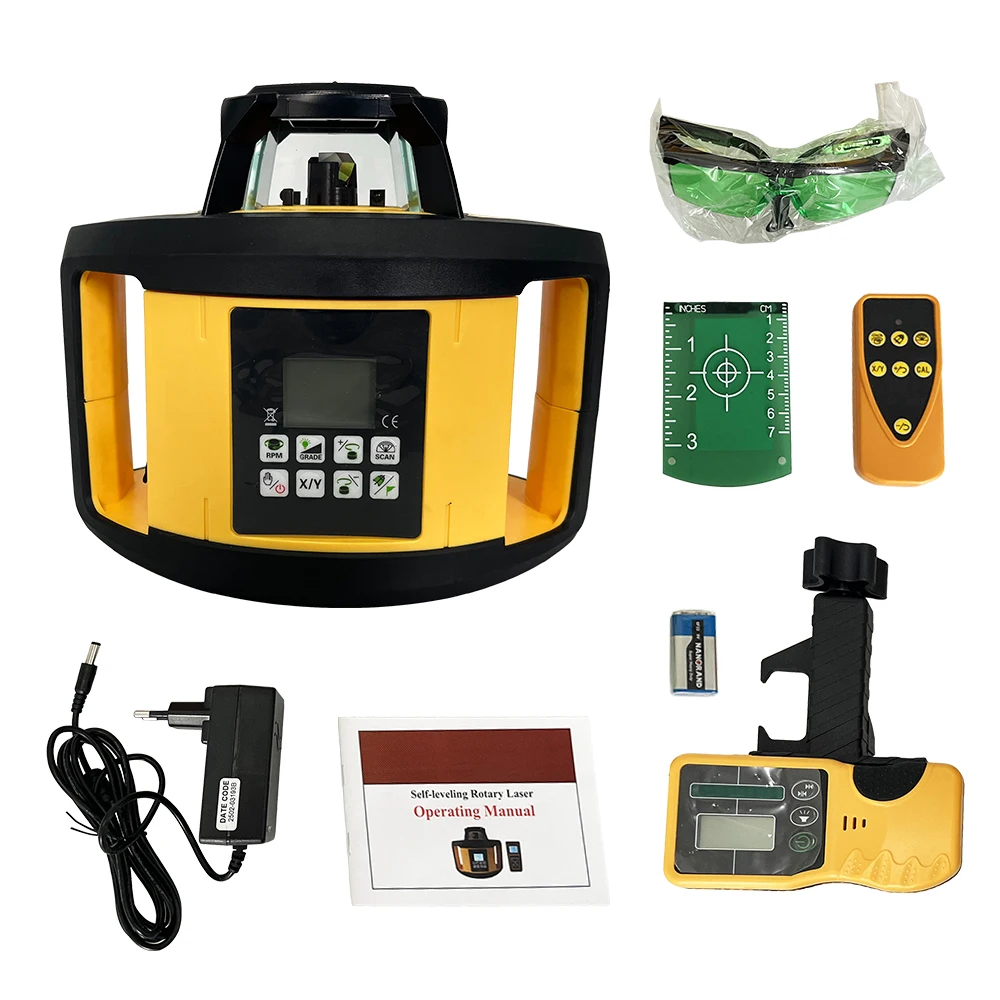 HEIPOE 2010G Green Beam Rotary Laser Level + Plumb Points Self-Leveling Rotary Laser Set With LCD &Receiver & Remote Control