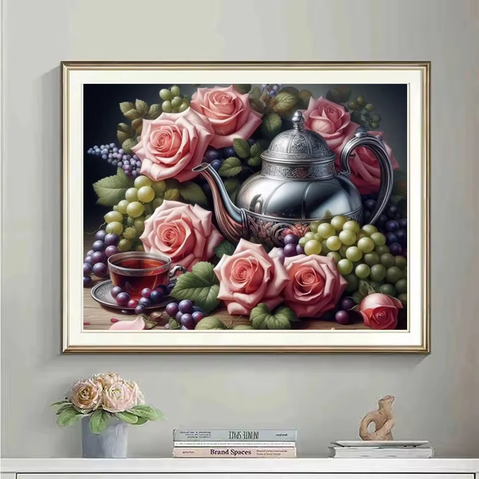 5D DIY Diamond Art Painting Rose Grape Teapot Full Diamond Mosaic Cross Stitch Diamond Embroidery Kit Home Kitchen Diner Decor