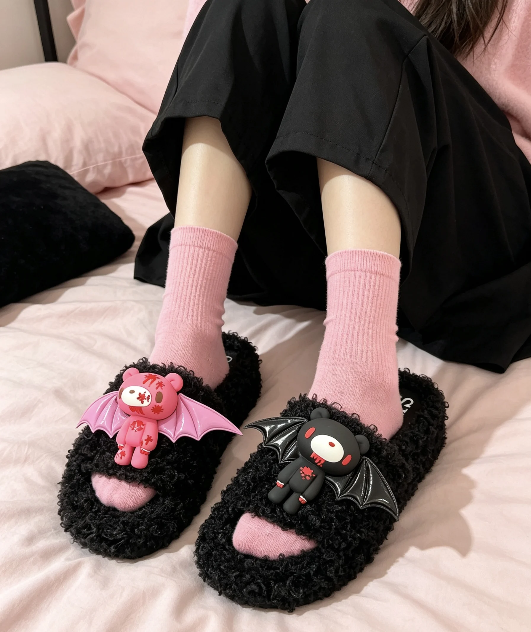 Women Y2K Gothic Fluffy Slide Slippers, Gloomy Bear with Bat Devil Wings Curly Fur Open Toe Sandals, Kawaii Home Indoor Shoes