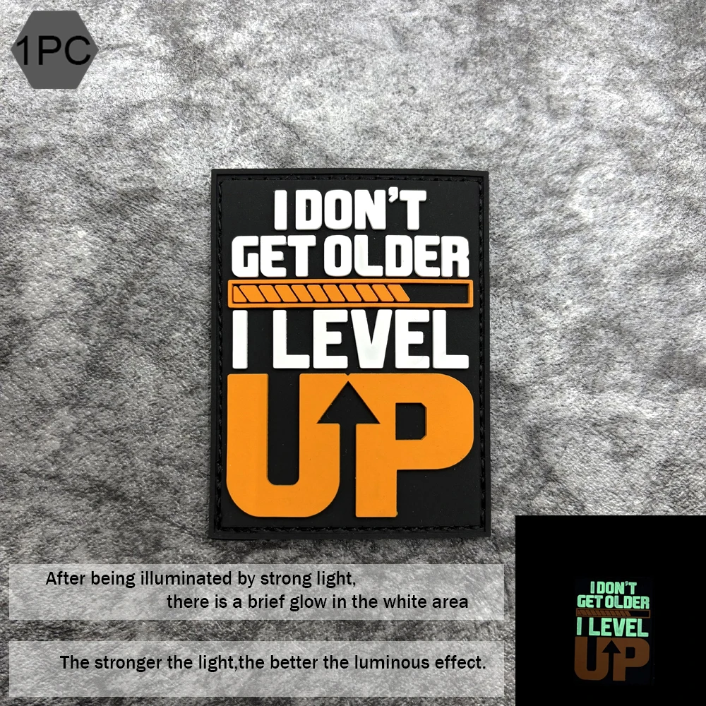 Video Game Upgrade Slogan Character Image Trendy Art Logo Pvc Glow-In-The-Dark Arm Patch 3D Embossed Decorative Patch Badge Daily Wear Clothing Bag Fabric Decoration Applique with Fleece Backing