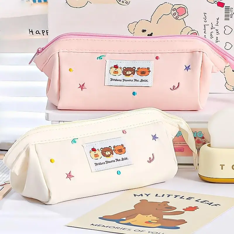 Adorable estuche para lápices con diseño de oso, suministros de oficina escolares de gran tamaño