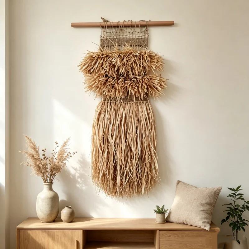 Handwoven Raffia Wall Hanging Natural Woven Tapestry with Boho Wabi Sabi Fiber Wall Art for Living Room Bedroom Wall Decor