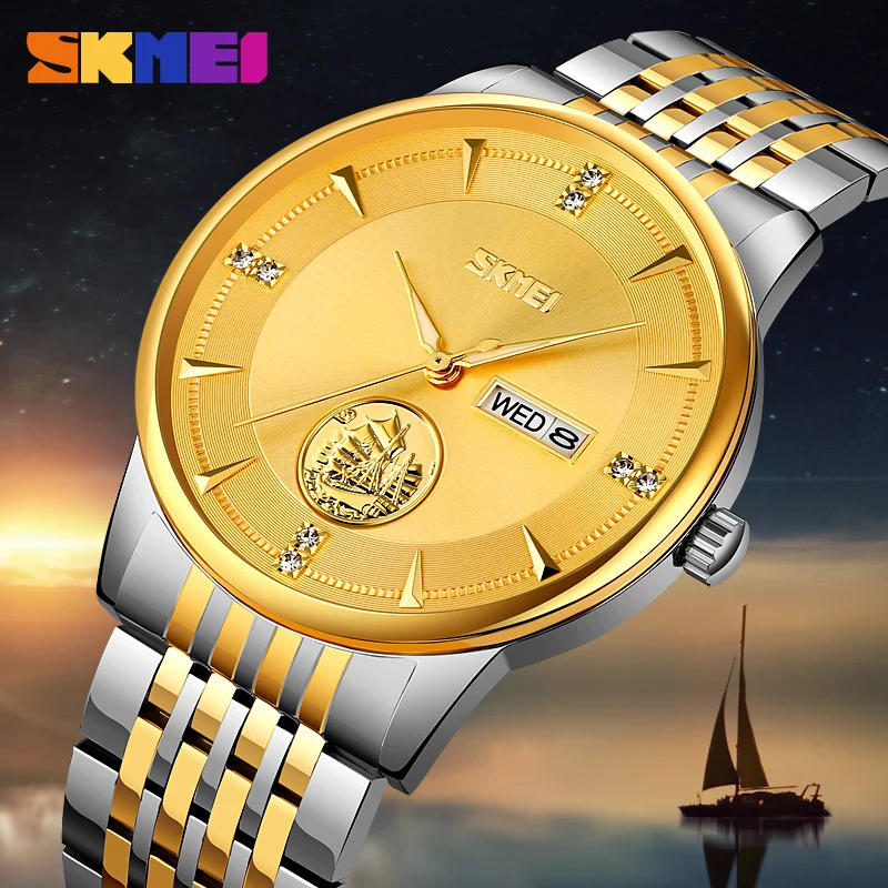 SKMEI Fashion Original Wrist Watches for Man Luxury Stainless Steel Strap Quartz Watch with Date Week Waterproof Sports Clock