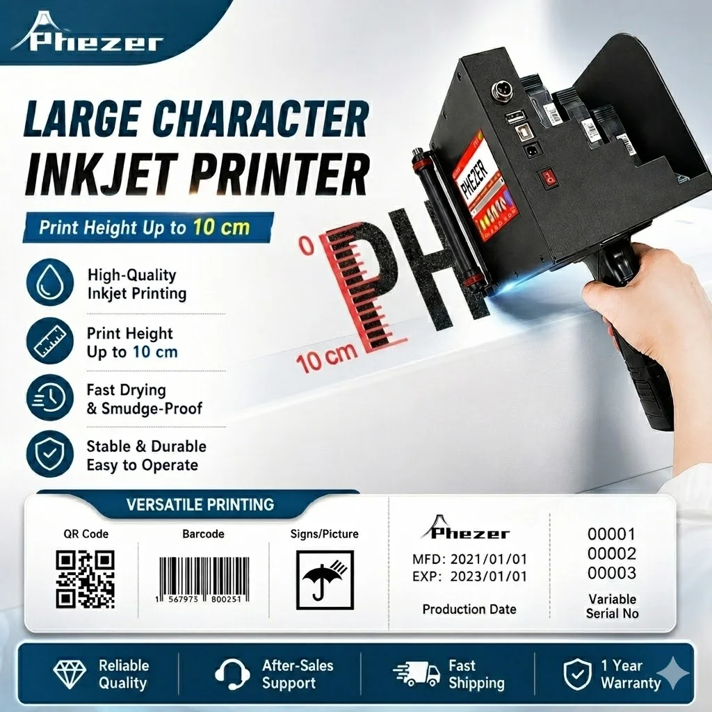 Phezer P70 Handheld Inkjet Printer 100mm Portable Coder QR Code Barcode Batch Number Date Logo Expiry Date Marking 28 Languages