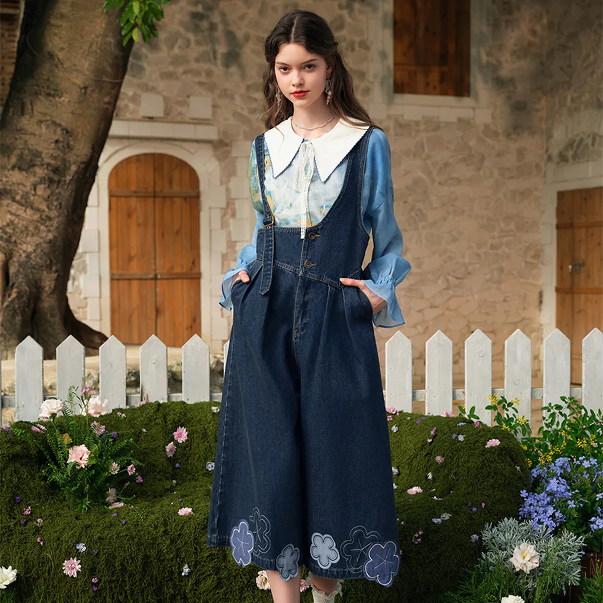 

Blue Floral Embroidered Asymmetrical Denim Overalls for Women