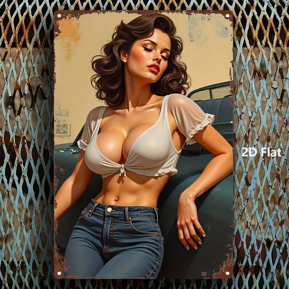 Retro Pinup Girl Metal Tin Sign 8x12 Inch - Vintage Wall Decor for Living Room
