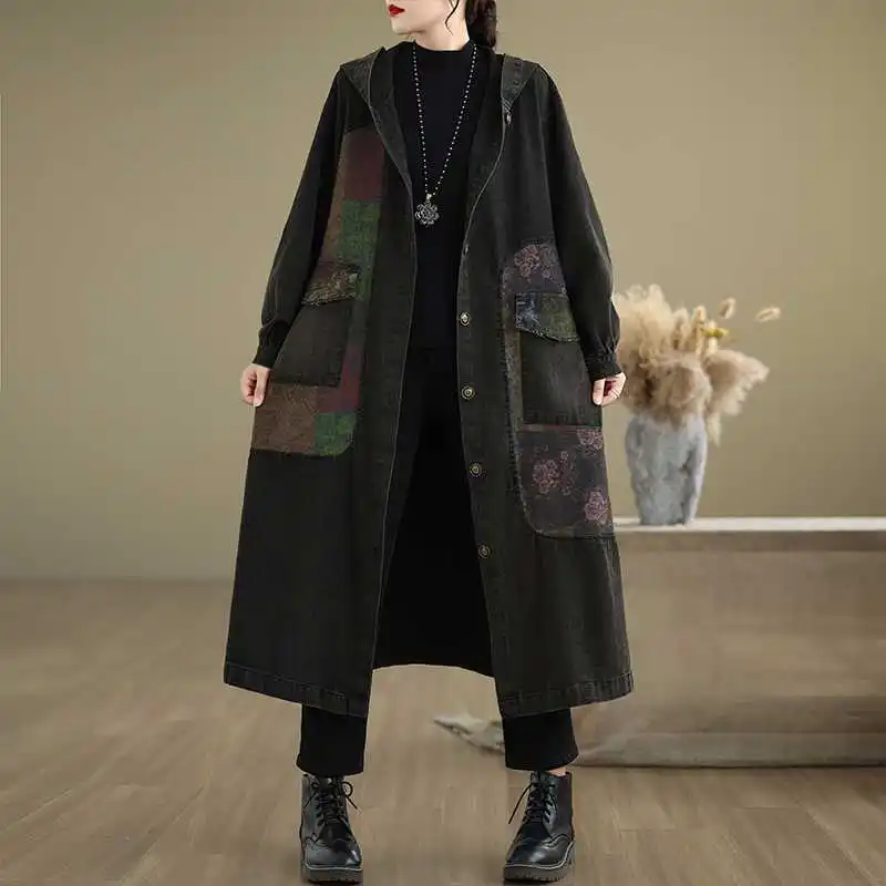 

Женская джинсовая куртка с капюшоном и принтом в стиле ретро, осень 2021, свободный удобный плащ средней длины в этническом стиле больших размеров