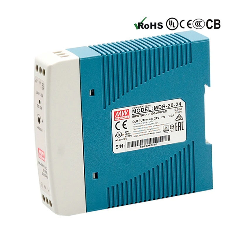 يعني جيدا MDR-20-5 MDR-20-12 MDR-20-15 MDR-20-24 الصناعية Din السكك الحديدية 20 واط إخراج واحد تحويل التيار الكهربائي 5 فولت 12 فولت 15 فولت 24 فولت