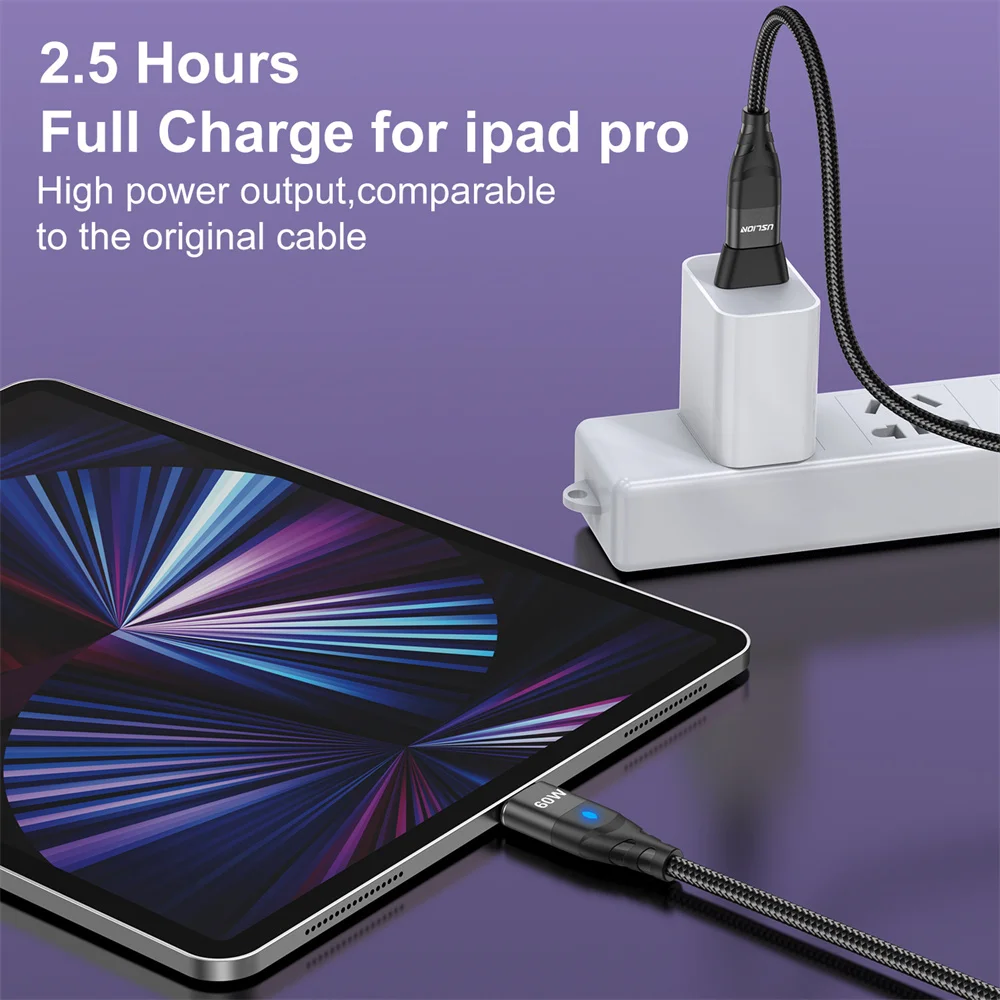 USLION PD 60W Magnetic Cable With USB adapter QC3.0 Fast Charger Cable For iPhone Samsung Huawei Xiaomi Redmi Note 10 8 Macbook