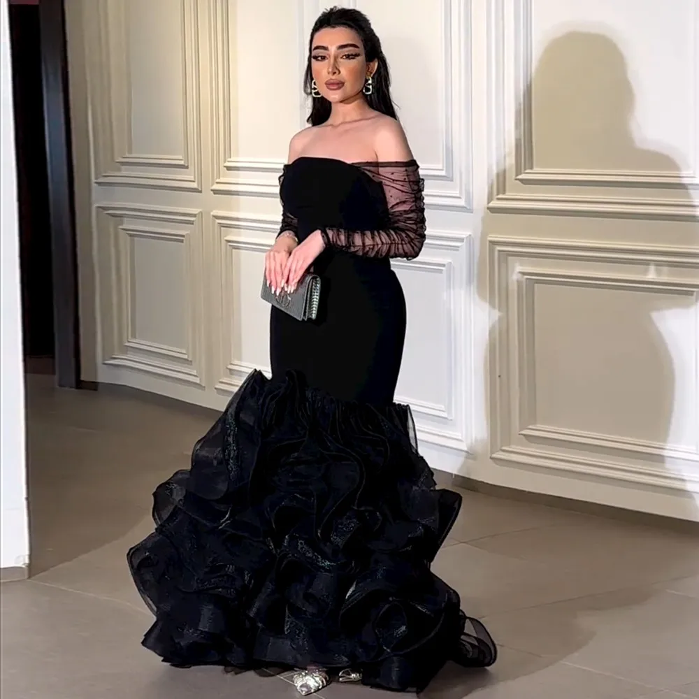 

Jancember Elegent Dubai Black Evening Dresses for Woman Wedding Party Arabic Ruffles Off Shoulder Long Formal Gowns SF007