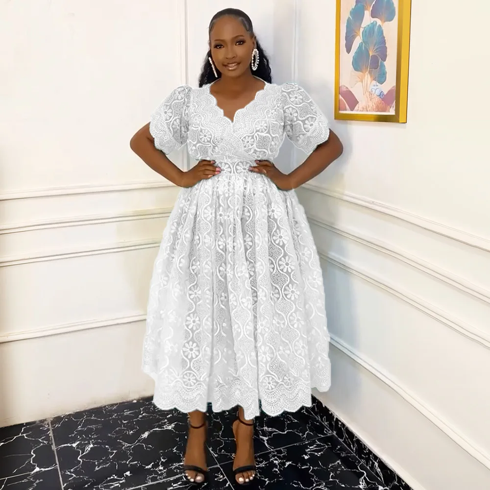 

Африканская женская одежда больших размеров, новое сетчатое платье с вышивкой, кружевная юбка с v-образным вырезом