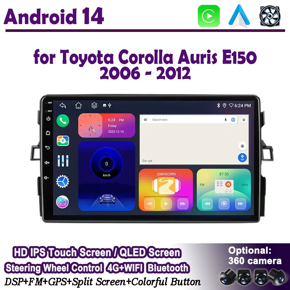 9-calowy dla Toyota Corolla Auris E150 2006-2012 Android 14 Radio samochodowe GPS Navi DSP IPS Ekran Odtwarzacz samochodowy WIFI BT 4G Jednostka