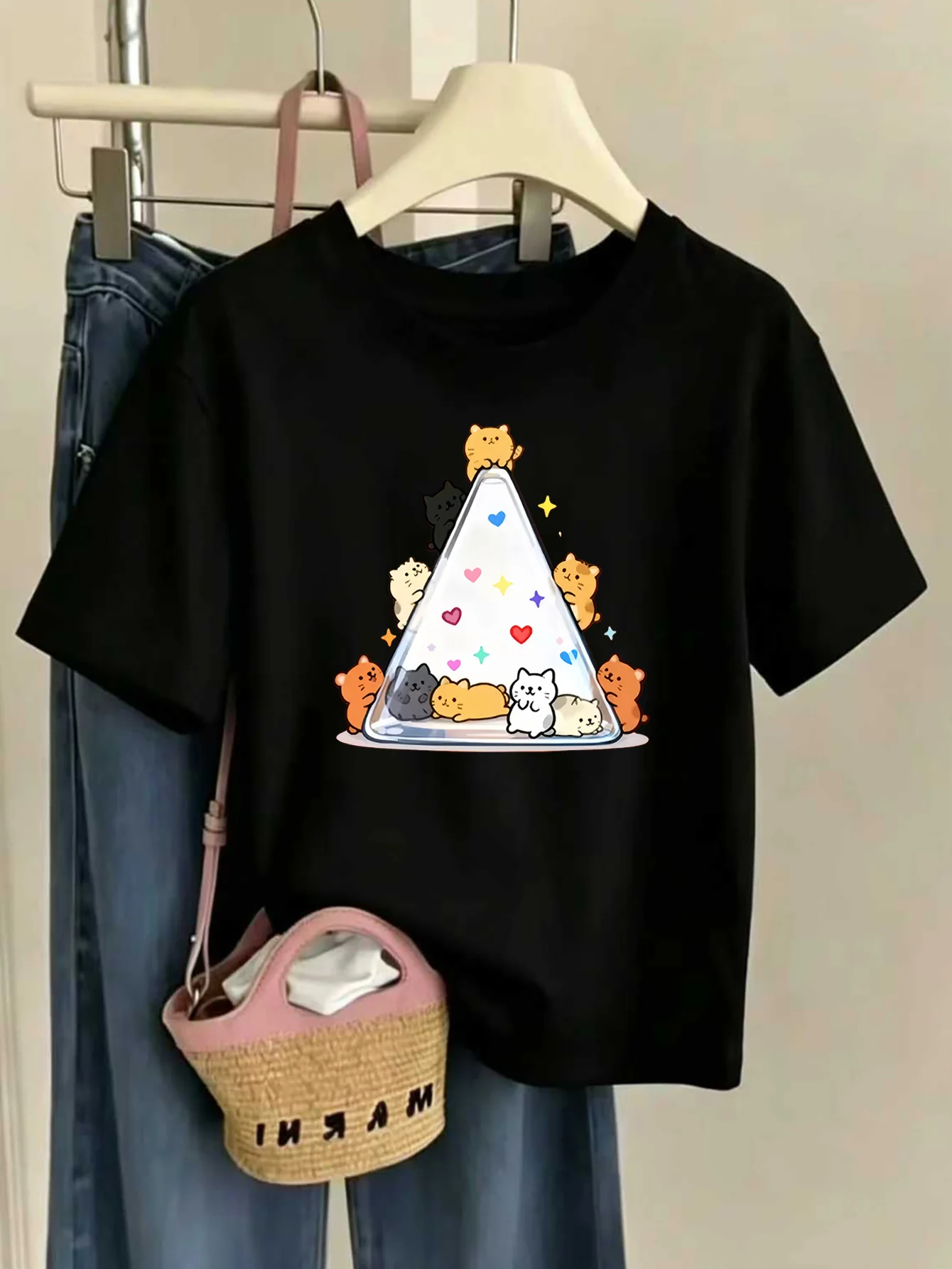 Kids Adorable Cartoon Kittens Triangle Ornament Graphic Tee Boys Girls Family Matching Short Sleeve Animal Casual T Shirt