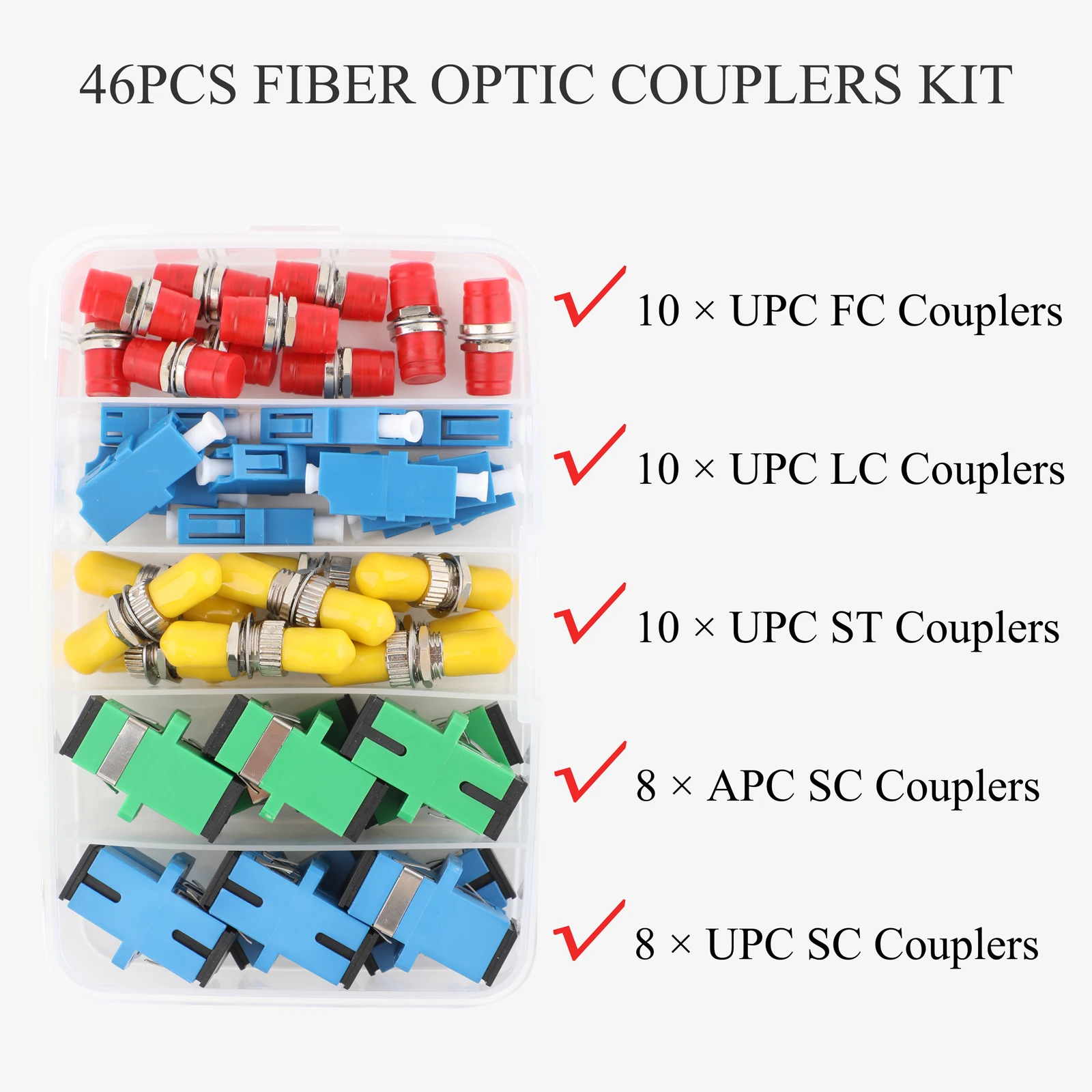 

46PCS Fiber Optic Coupler Kit, Fiber Adapter Kit for SC/APC SC/UPC ST FC LC, Converter Connector for FTTH System