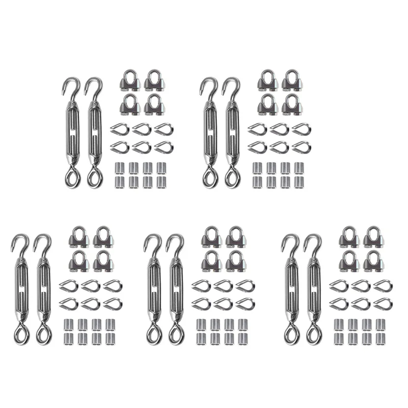 ABVG-100Pcs Heavy Duty Wire Rope Tension Kits Turnbuckle 1/8 Inch Wire Rope Cable Clip Thimble Wire Rope Aluminum Sleeve