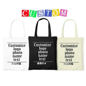 Personalization Customized Logo Pictures Name Tote Canvas Bag Big Print Shopping Shoulder Bags Beach Cloth Handbags for Woman