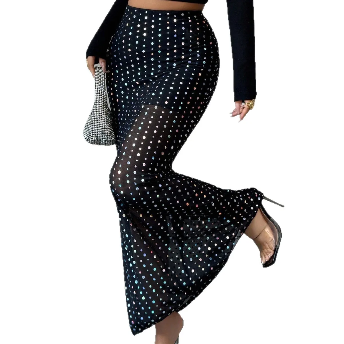 

Slim Polk Dot Long Skirt Black Chic Elegant Vintage Hip High Waist Street Maxi Skirts Office Lady Commute Streetwear 2025 Casual
