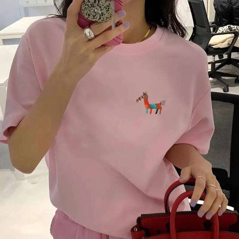 

Women Loose Casual Solid O-neck Pure Cotton T-Shirt Summer Chic Cartoon Embroidery Short Sleeve Tops