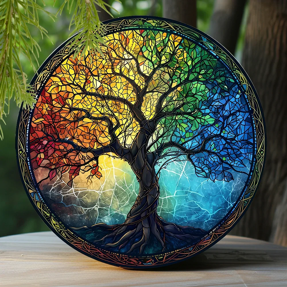 

Spring Aluminum Metal Sign Tree Of Life Theme Decoration Faux Stained Glass Round Wreath Decor Sign Entrance Decoration Gifts